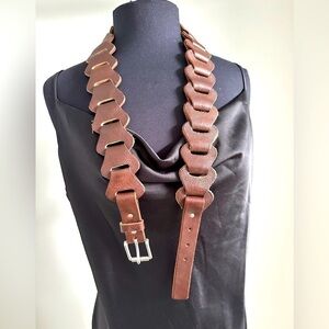 BELT Brown Link Design Faux Leather Fashion Design Women 36 Silver Hardware EUC